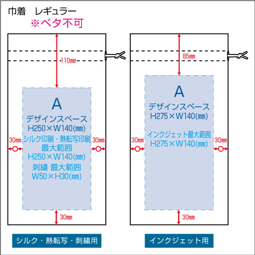 カチオン染めブランケットレギュラーサイズ巾着印刷範囲